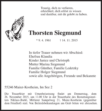 Traueranzeige von Thorsten Siegmund von  Allgemeine Zeitung Mainz