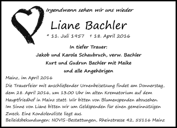 Traueranzeige von Liane Bachler von  Allgemeine Zeitung Mainz