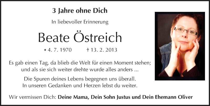  Traueranzeige für Beate Östreich vom 13.02.2016 aus  Kreisanzeiger