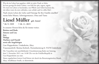 Traueranzeige von Liesel Müller von  Allgemeine Zeitung Alzey