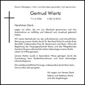 Traueranzeige von Gertrud Wiertz von  Allgemeine Zeitung Mainz