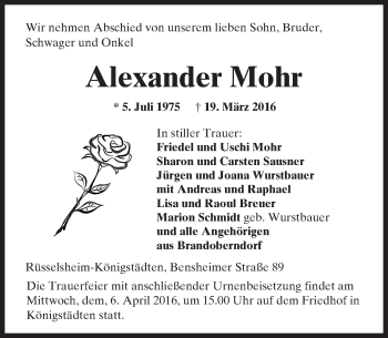 Traueranzeige von Alexander Mohr von  Usinger Anzeiger