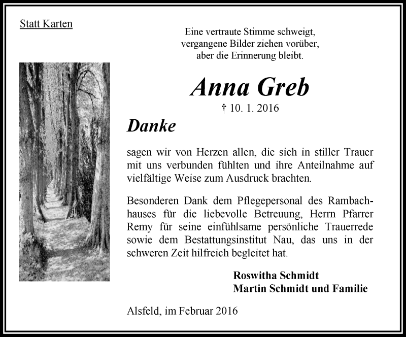  Traueranzeige für Anna Greb vom 06.02.2016 aus  OK Oberhessen Kurier