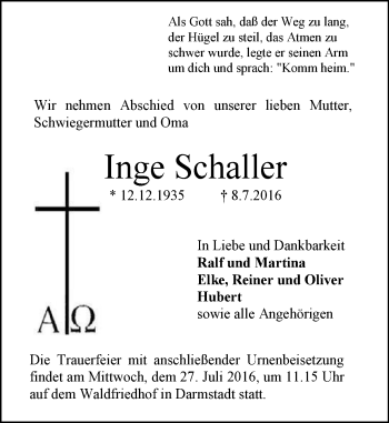 Traueranzeige von Inge Schaller von Trauerportal Echo Online