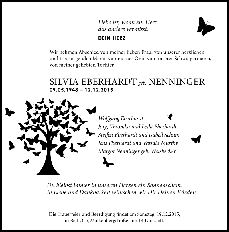  Traueranzeige für Silvia Eberhardt vom 16.12.2015 aus  Gelnhäuser Tageblatt