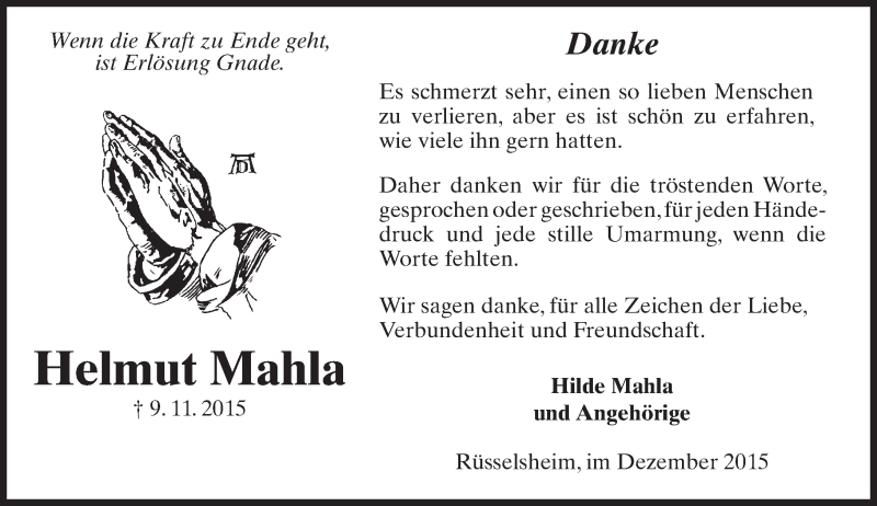 Traueranzeige für Helmut Mahla vom 05.12.2015 aus  Mainspitze