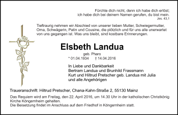 Traueranzeige von Elsbeth Landua von  Allgemeine Zeitung Mainz