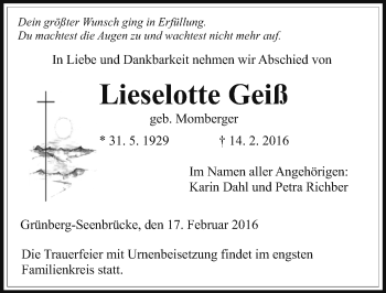 Traueranzeige von Lieselotte Geiß von  Gießener Anzeiger