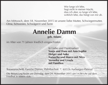 Traueranzeige von Annelie Damm von  Idsteiner Zeitung