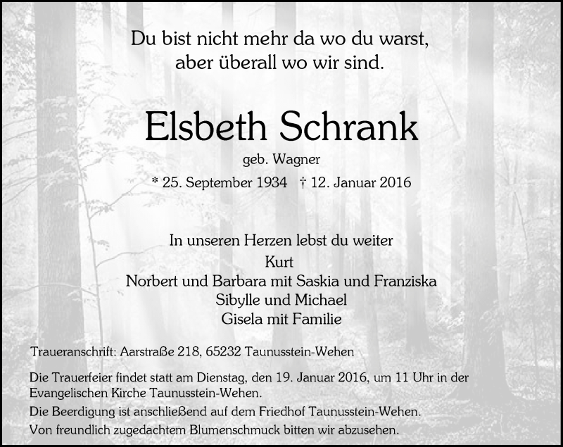 Traueranzeige für Elsbeth Schrank vom 15.01.2016 aus  Wiesbaden komplett