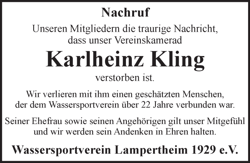  Traueranzeige für Karlheinz Kling vom 02.12.2015 aus  Bürstädter Zeitung
