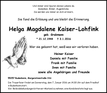 Traueranzeige von Helga Magdalene Kaiser-Lohfink von  Allgemeine Zeitung Mainz