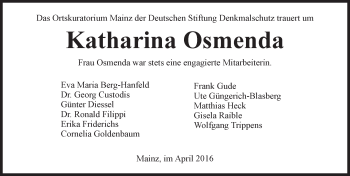 Traueranzeige von Katharina Osmenda von  Allgemeine Zeitung Mainz