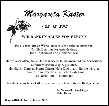 Traueranzeige von Margareta Kaster von  Allgemeine  Zeitung Ingelheim-Bingen