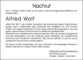 Traueranzeige von Alfred Wolf von  Gießener Anzeiger