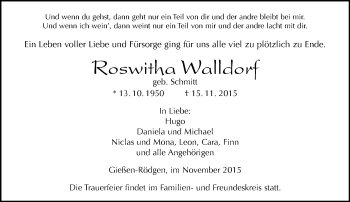 Traueranzeige von Roswitha Walldorf von  Gießener Anzeiger