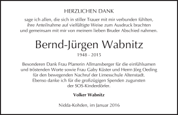 Traueranzeige von Bernd-Jürgen Wabnitz von  Sonntags Anzeiger