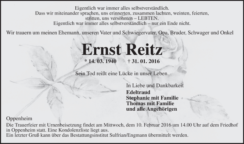  Traueranzeige für Ernst Reitz vom 05.02.2016 aus  Landskrone