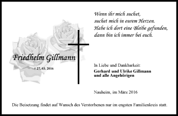 Traueranzeige von Friedhelm Gillmann von  Mainspitze
