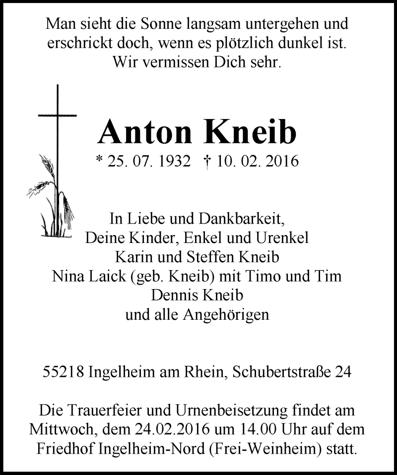  Traueranzeige für Anton Kneib vom 13.02.2016 aus  Allgemeine  Zeitung Ingelheim-Bingen