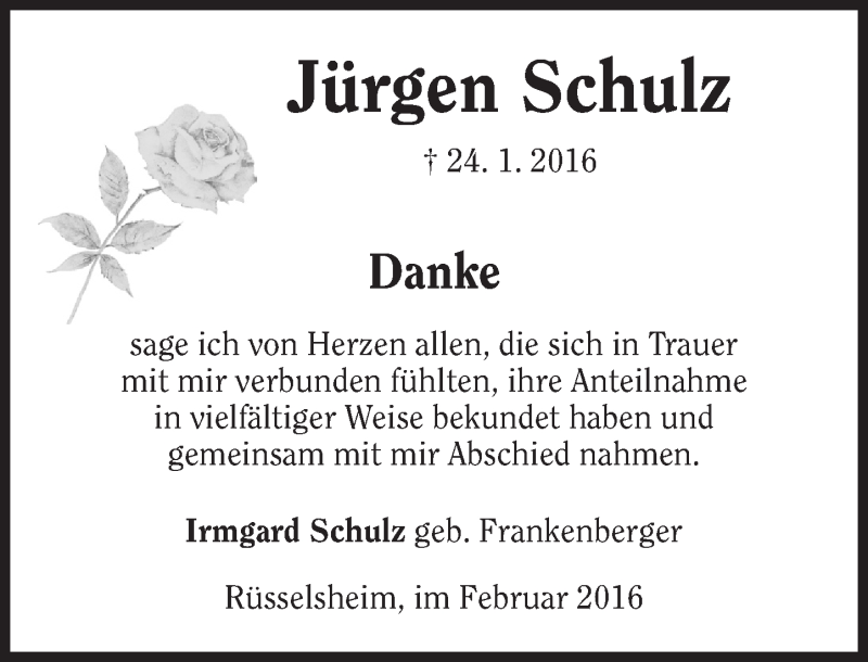  Traueranzeige für Jürgen Schulz vom 13.02.2016 aus  Mainspitze