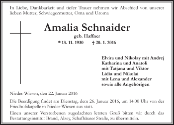Traueranzeige von Amalia Schnaider von  Allgemeine Zeitung Alzey