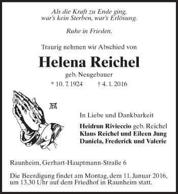 Traueranzeige von Helena Reichel von  Mainspitze