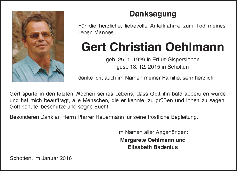  Traueranzeige für Gert Christian Oehlmann vom 16.01.2016 aus  Sonntags Anzeiger