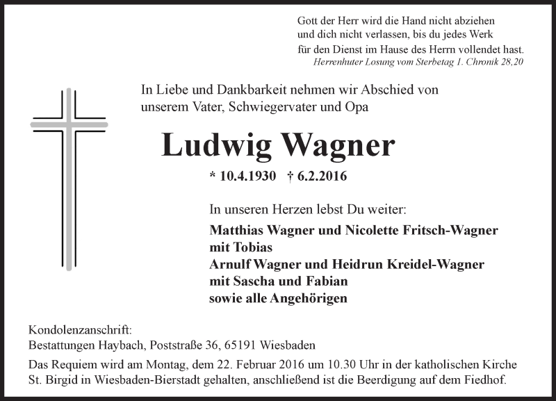  Traueranzeige für Ludwig Wagner vom 13.02.2016 aus  Wiesbaden komplett