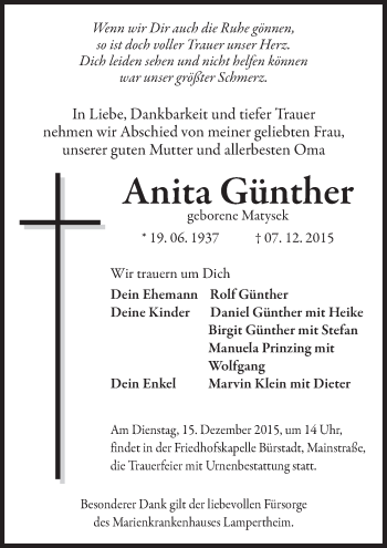 Traueranzeige von Anita Günther von  Bürstädter Zeitung