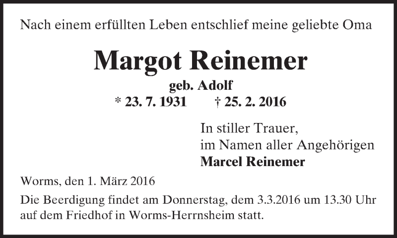  Traueranzeige für Margot Reinemer vom 01.03.2016 aus  Wormser Zeitung