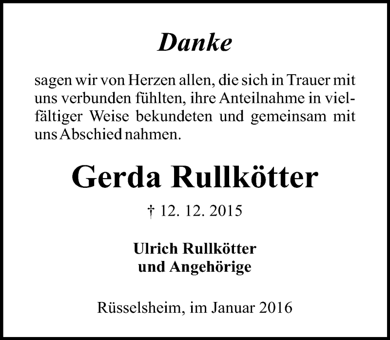  Traueranzeige für Gerda Rullkötter vom 09.01.2016 aus  Mainspitze