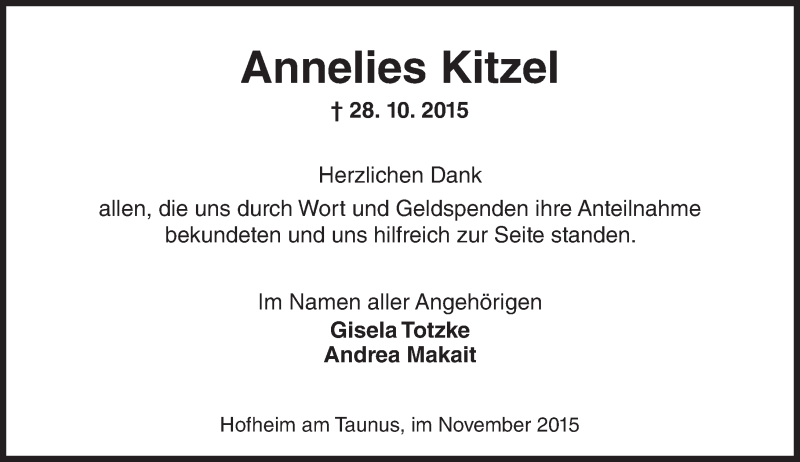  Traueranzeige für Annelies Kitzel vom 20.11.2015 aus  Hofheimer Zeitung