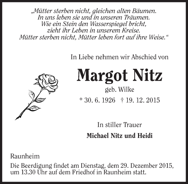  Traueranzeige für Margot Nitz vom 28.12.2015 aus  Mainspitze