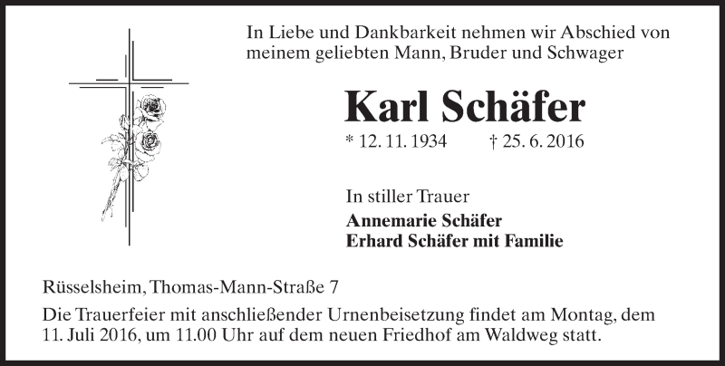  Traueranzeige für Karl Schäfer vom 02.07.2016 aus Trauerportal Rhein Main Presse