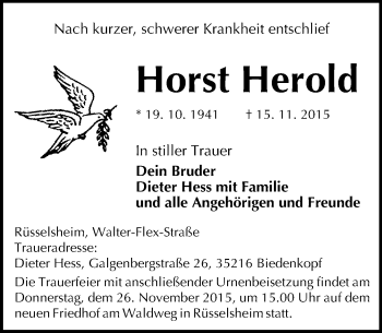 Traueranzeige von Horst Herold von  Mainspitze