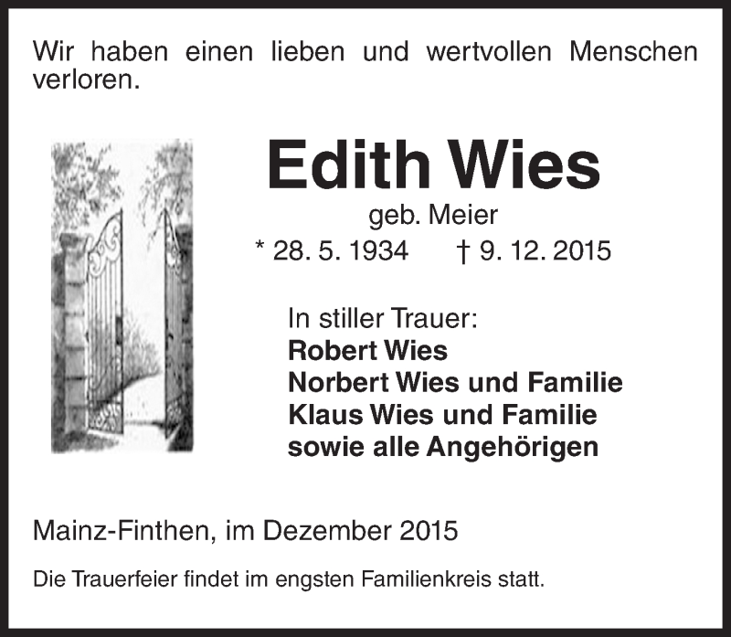  Traueranzeige für Edith Wies vom 12.12.2015 aus  Allgemeine Zeitung Mainz