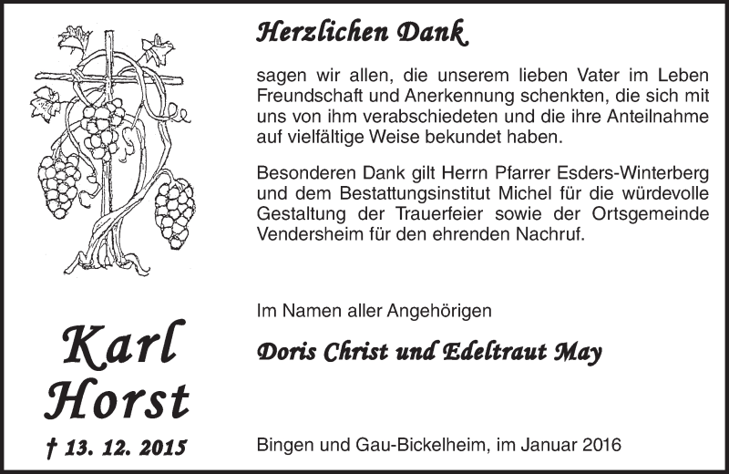  Traueranzeige für Karl Horst vom 16.01.2016 aus  Allgemeine Zeitung Alzey