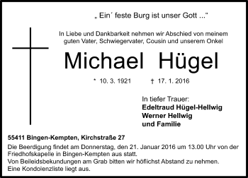 Traueranzeige von Michael Hügel von  Allgemeine  Zeitung Ingelheim-Bingen
