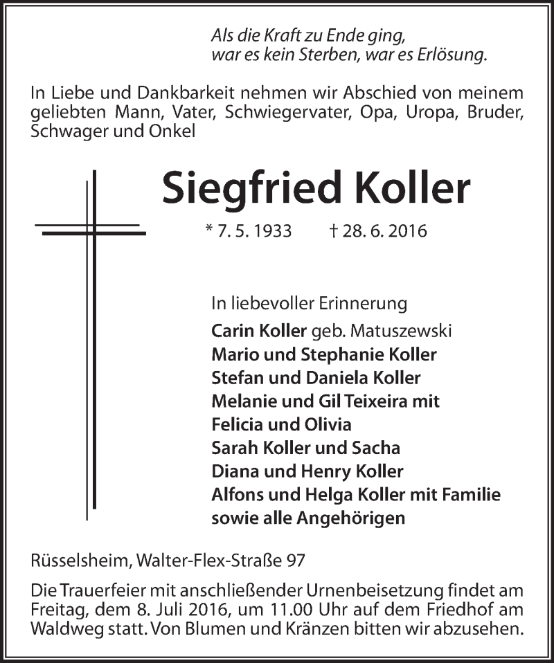  Traueranzeige für Siegfried Koller vom 02.07.2016 aus Trauerportal Rhein Main Presse