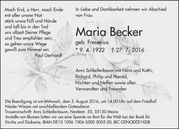 Traueranzeige von Maria Becker von Trauerportal Rhein Main Presse