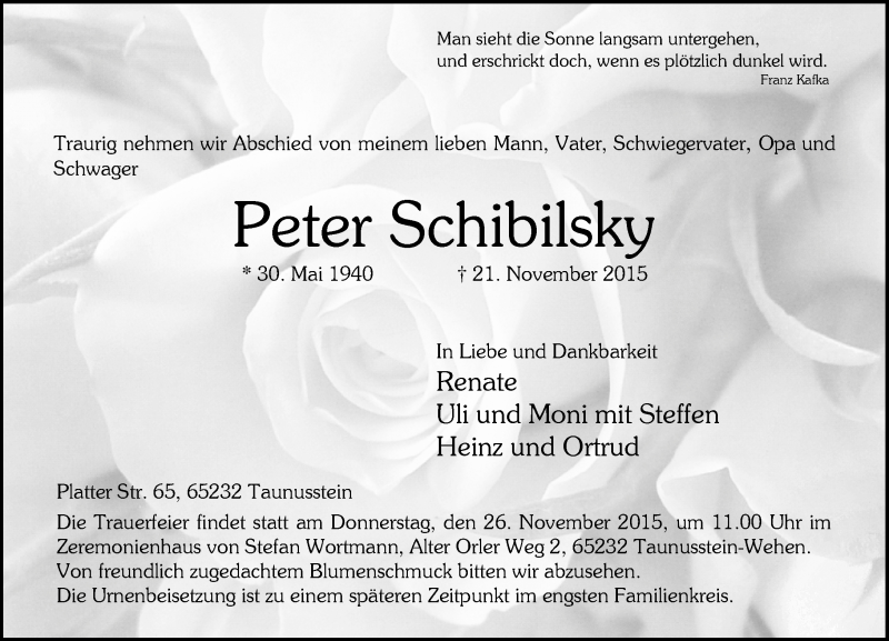  Traueranzeige für Peter Schibilsky vom 24.11.2015 aus  Wiesbaden komplett