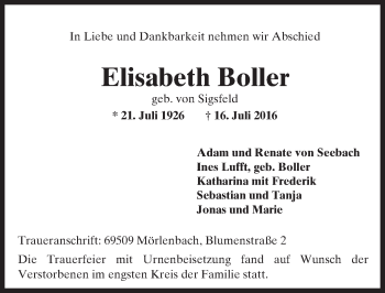 Traueranzeige von Elisabeth Boller von Trauerportal Echo Online