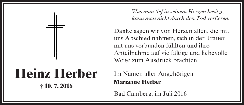  Traueranzeige für Heinz Herber vom 21.07.2016 aus  Camberger Anzeiger