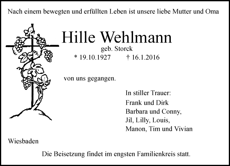  Traueranzeige für Friedhilde Wehlmann vom 30.01.2016 aus  Wiesbaden komplett