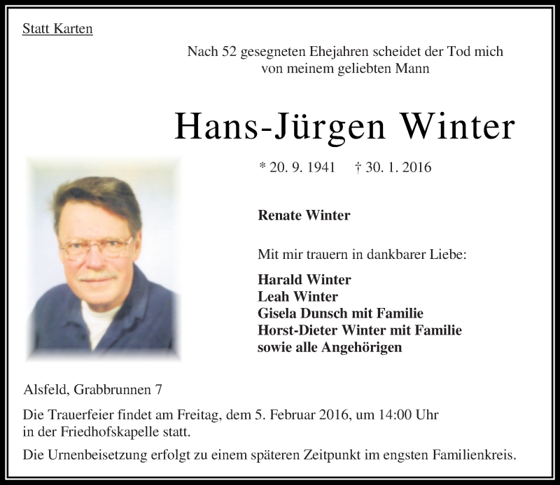  Traueranzeige für Hans-Jürgen Winter vom 02.02.2016 aus VRM Trauer