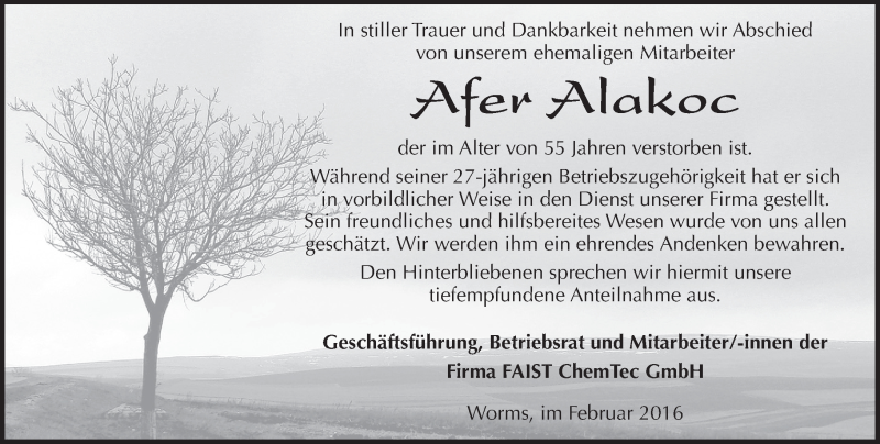  Traueranzeige für Afer Alakoc vom 08.02.2016 aus trauer.rmp.de