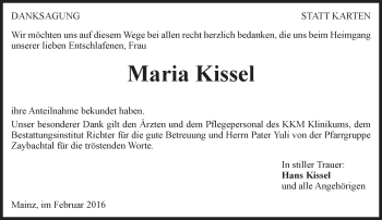 Traueranzeige von Maria Kissel von  Allgemeine Zeitung Mainz