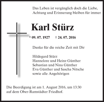 Traueranzeige von Karl Stürz von Trauerportal Echo Online