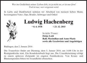 Traueranzeige von Ludwig Hachenberg von  Kreisanzeiger